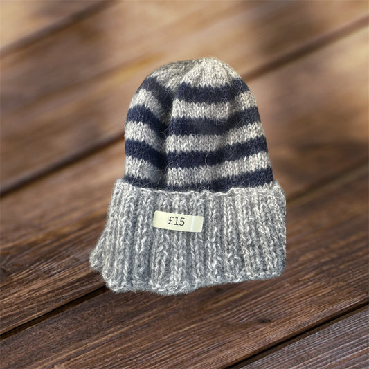 Pure Alpaca Yarn Stripey Hand Knitted Hat