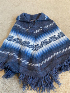 Alpaca Yarn Peruvian Child's Blue Fringed Poncho 10-13 Years