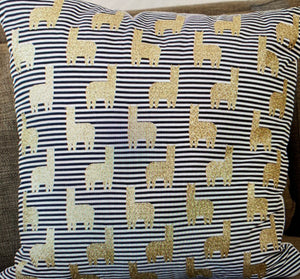 Alpaca Bomb Red or Grey Striped Cushion Cover with Gold Alpaca Bomb Pattern